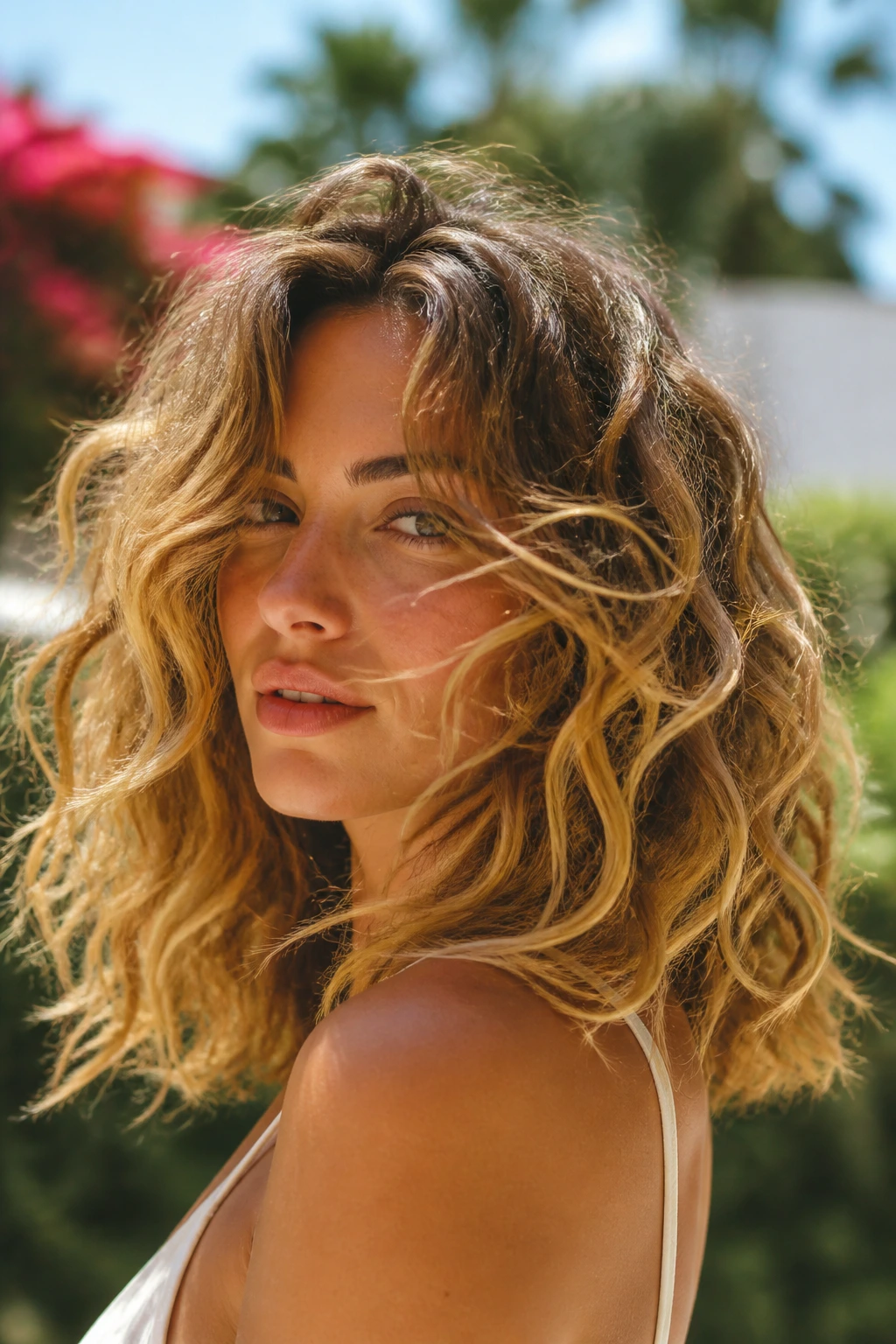 Close-up of real woman with beachy textured curls in a sunlit outdoor setting