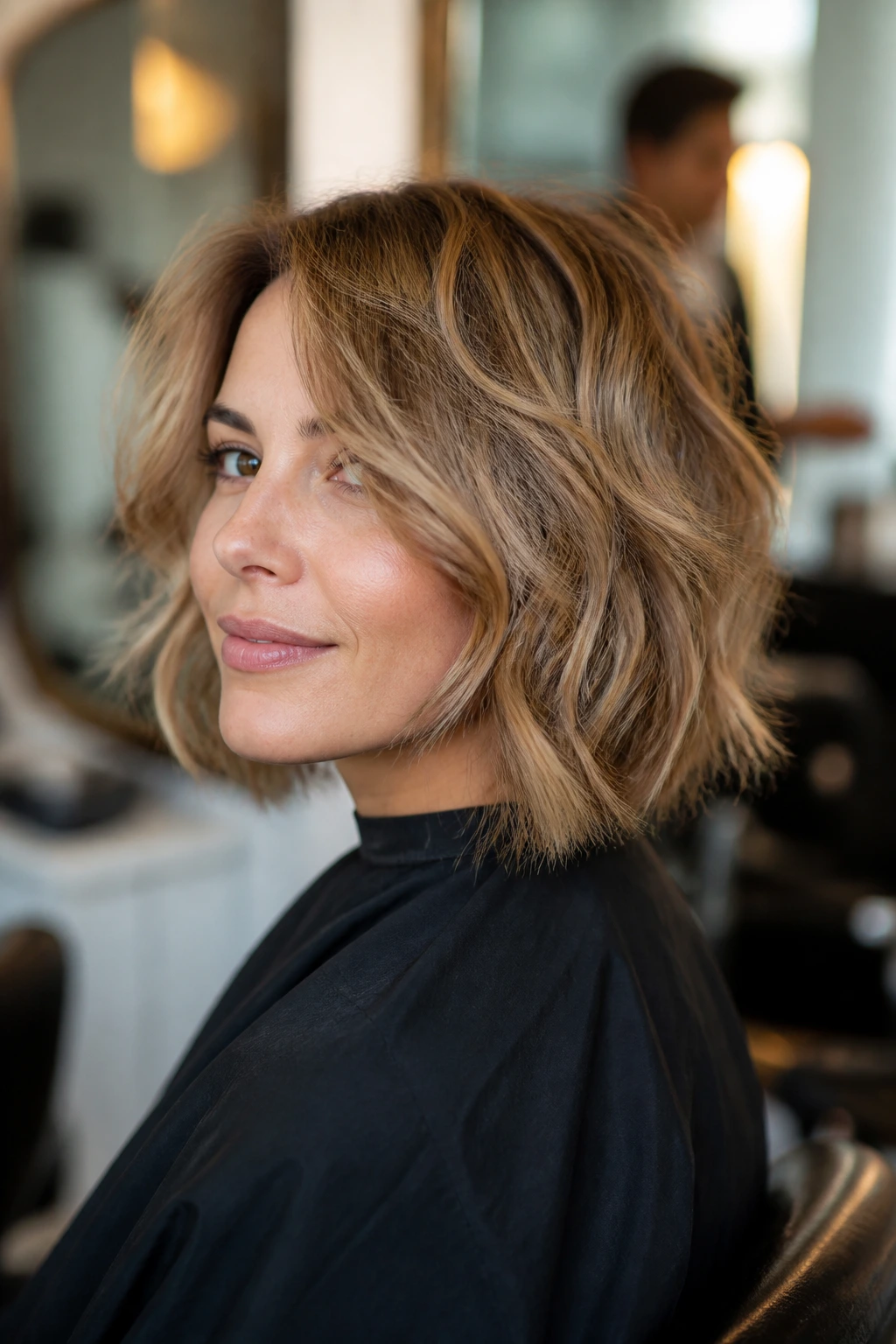 Portrait of a woman in a salon chair showing soft internal layers for beachy texture