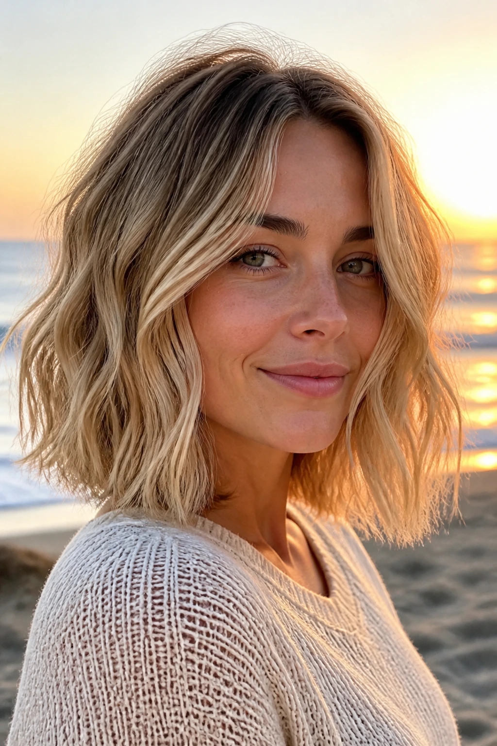 Close-up of a real woman with a beachy wave lob and piecey ends in sandy beige blonde