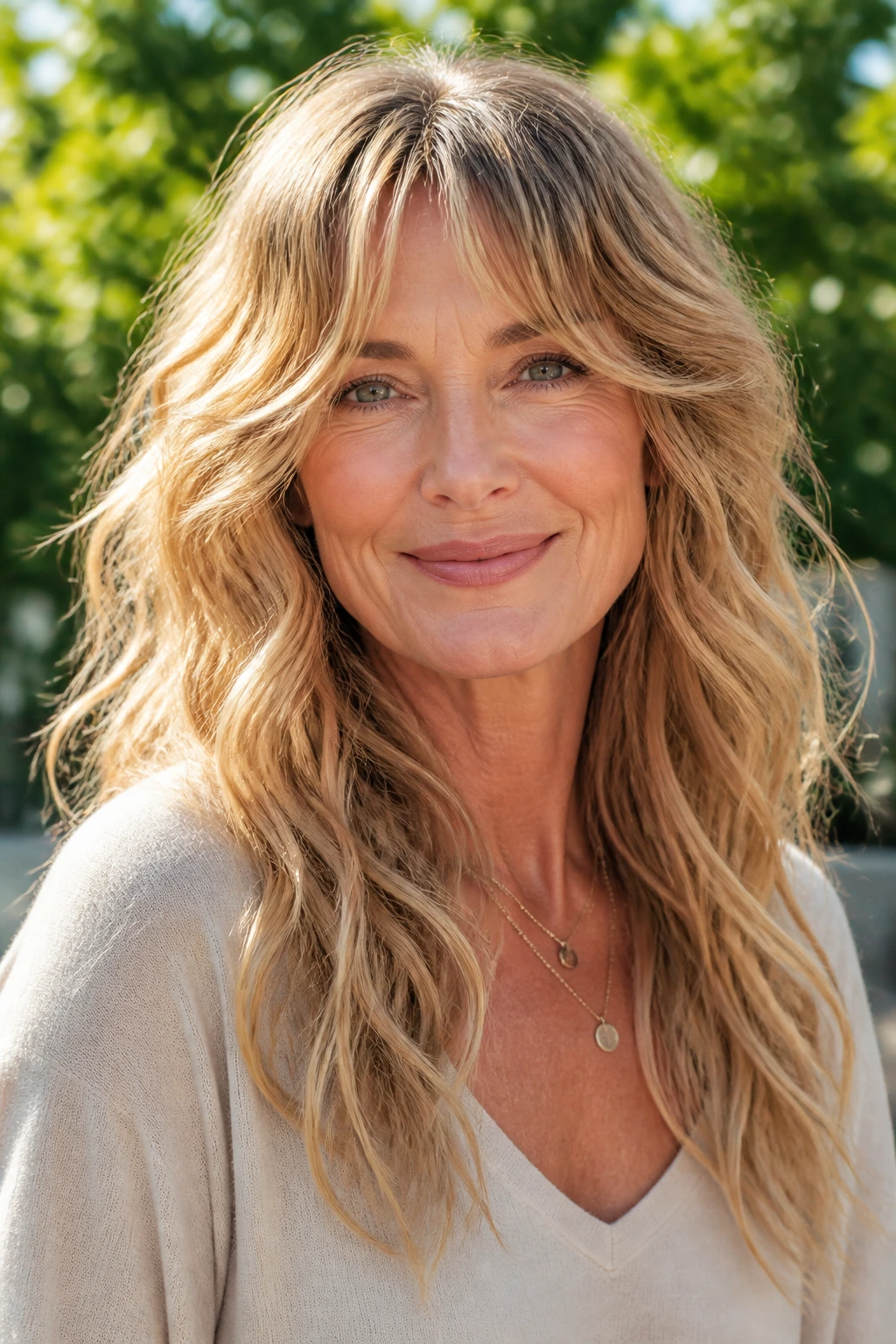 Real woman with beachy clip-in waves and curtain bangs in sunny garden setting.