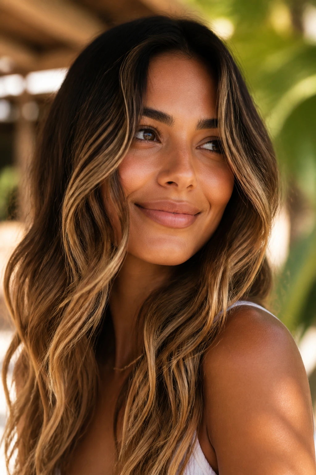 Close-up of hair with beachy waves showing dimensional color.