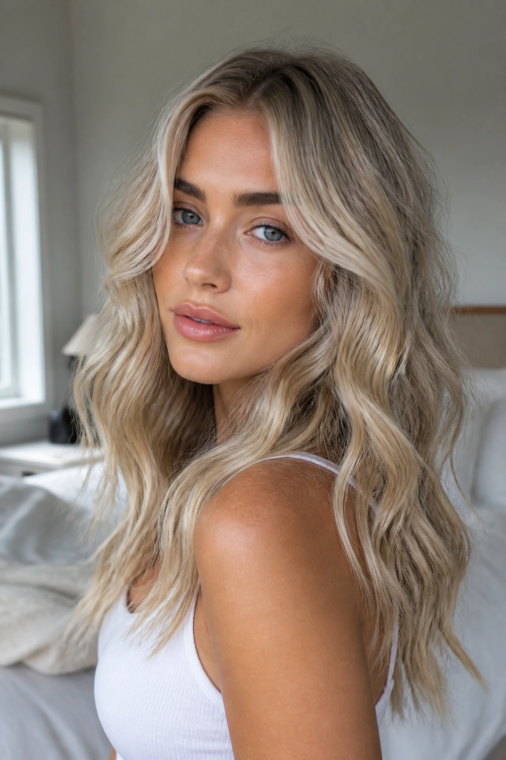 Close-up portrait of a person with beachy waves on cool blonde hair.
