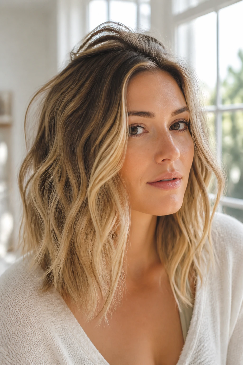 Real person with beachy waves and lifted crown in natural light