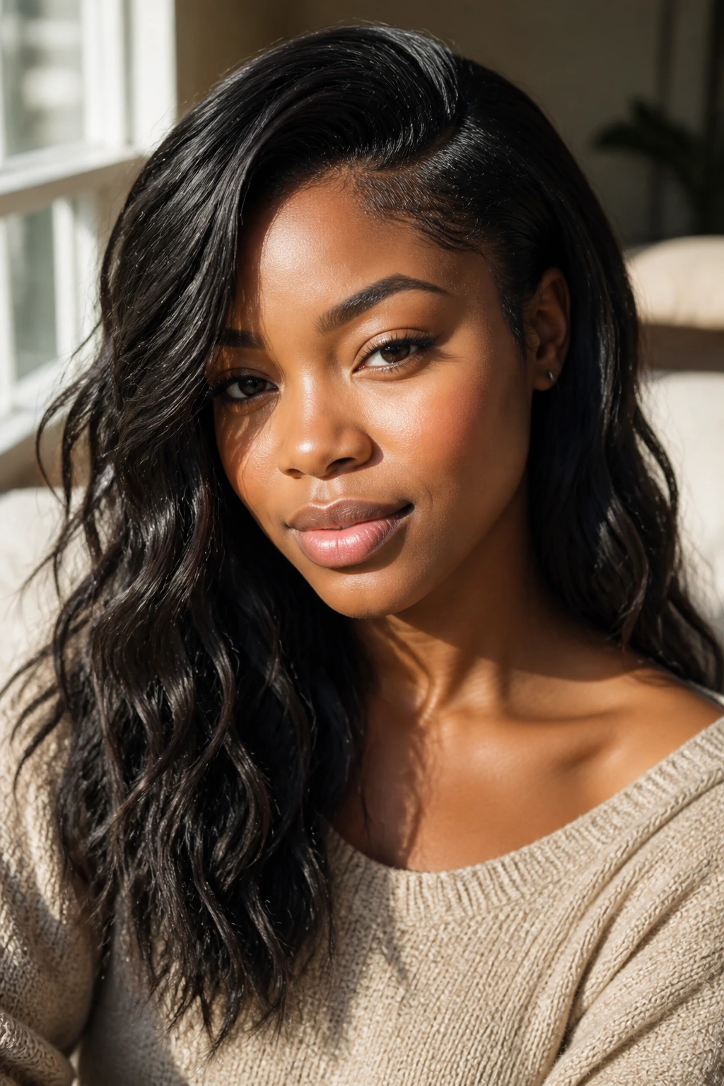 Close-up of a real person with beachy waves and a side part to elongate the face