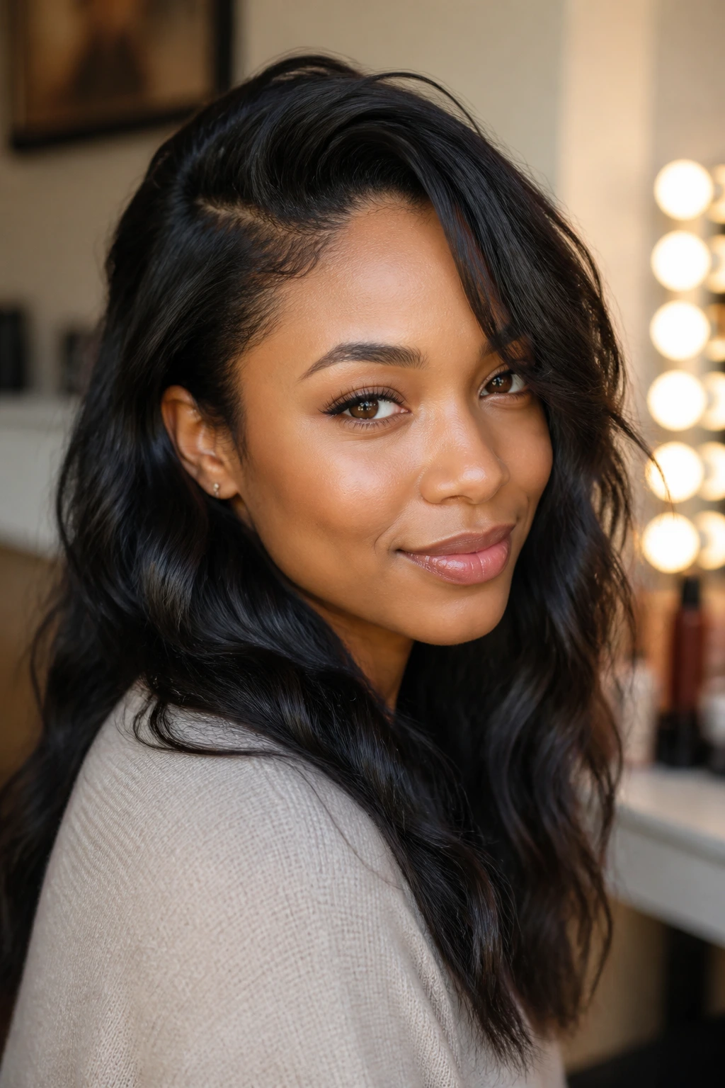 Portrait of a real woman with glossy waves and a side part in a soft vanity setting.