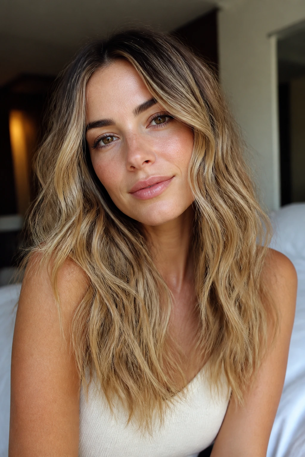 Portrait of a real woman with soft, beachy waves.