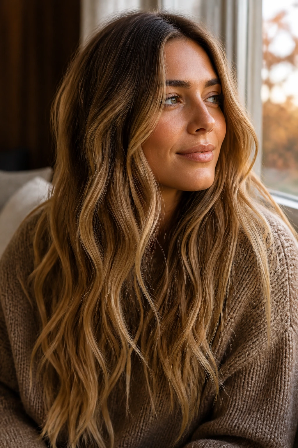 Portrait of a woman with long beachy waves in autumn light.