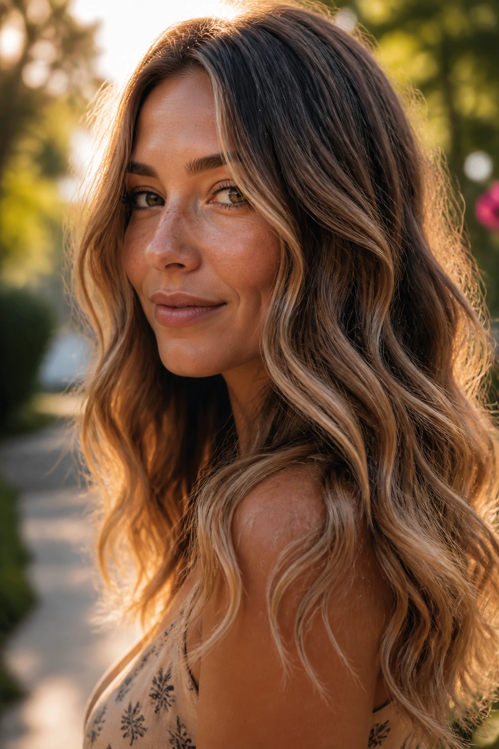 Close-up of a real woman with long beachy waves in outdoor light