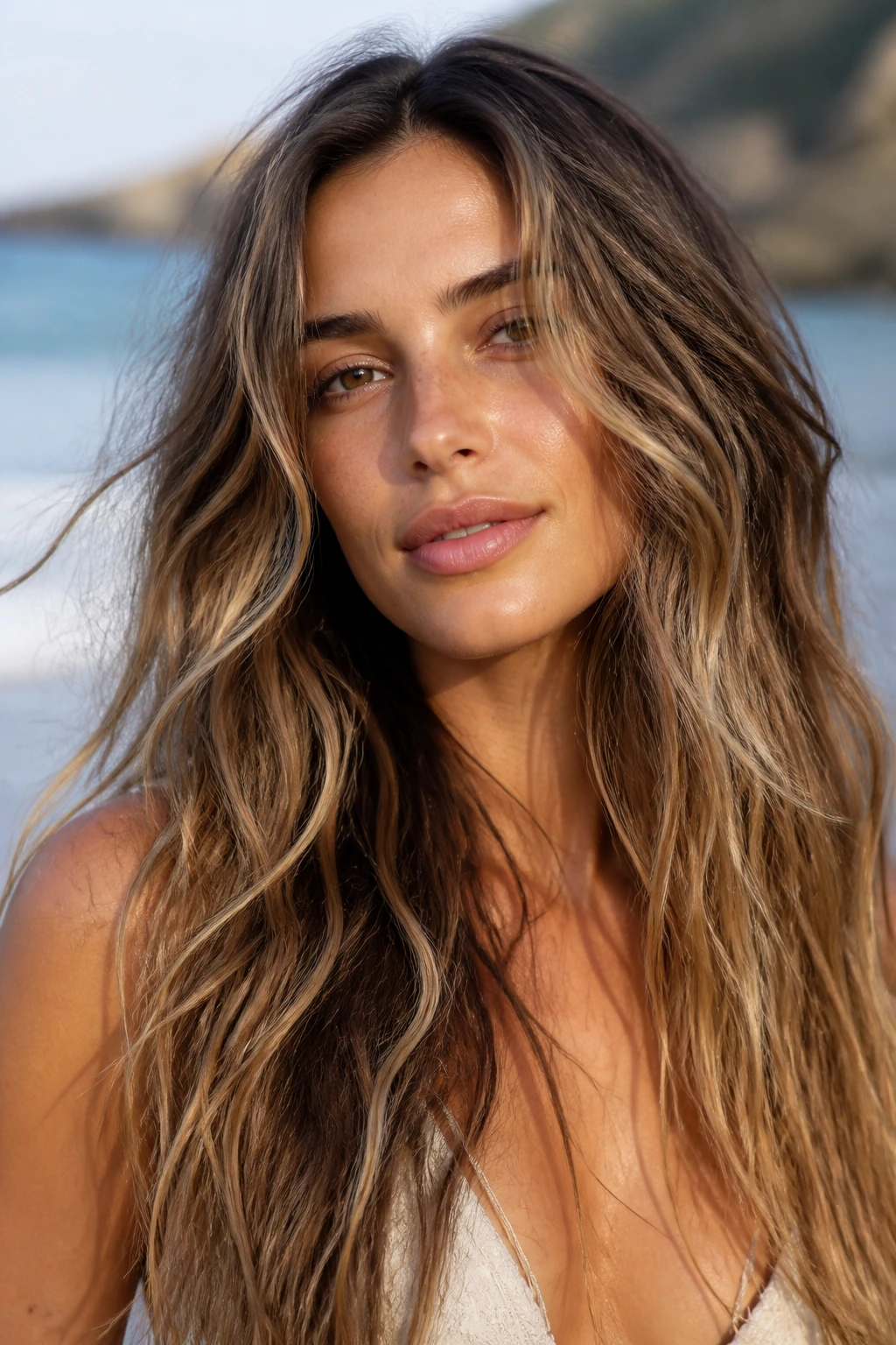 Long hair with cheekbone-starting beachy waves on an oval face in sunlit setting