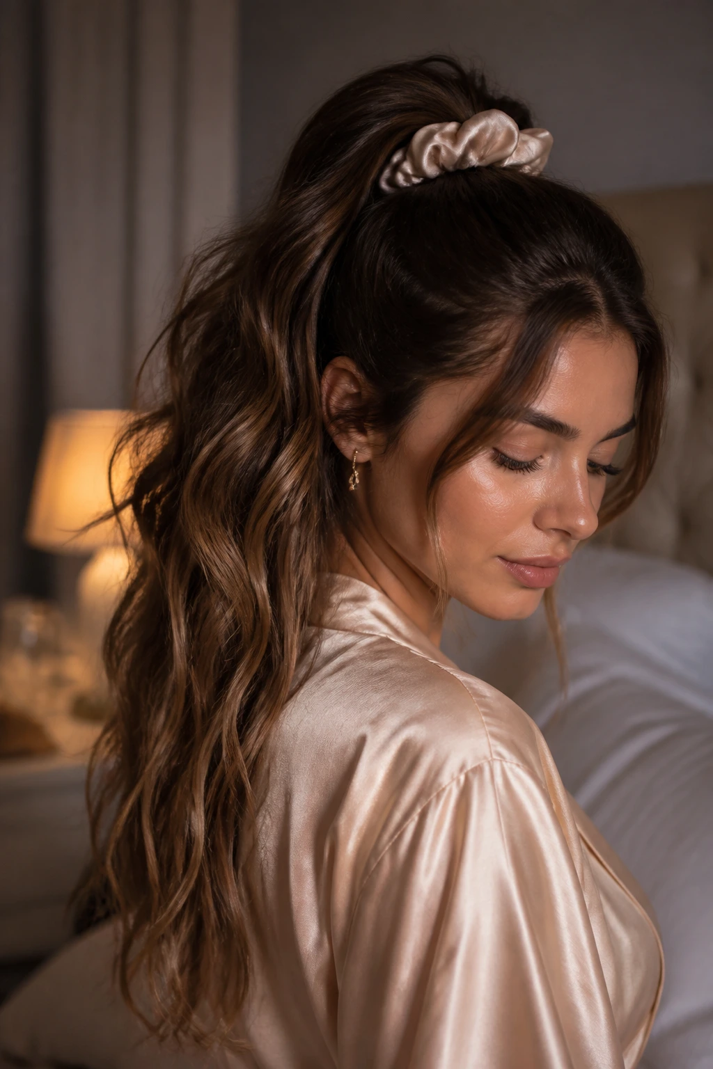Portrait of a woman with long waves wearing a silk scrunchie at night to preserve waves