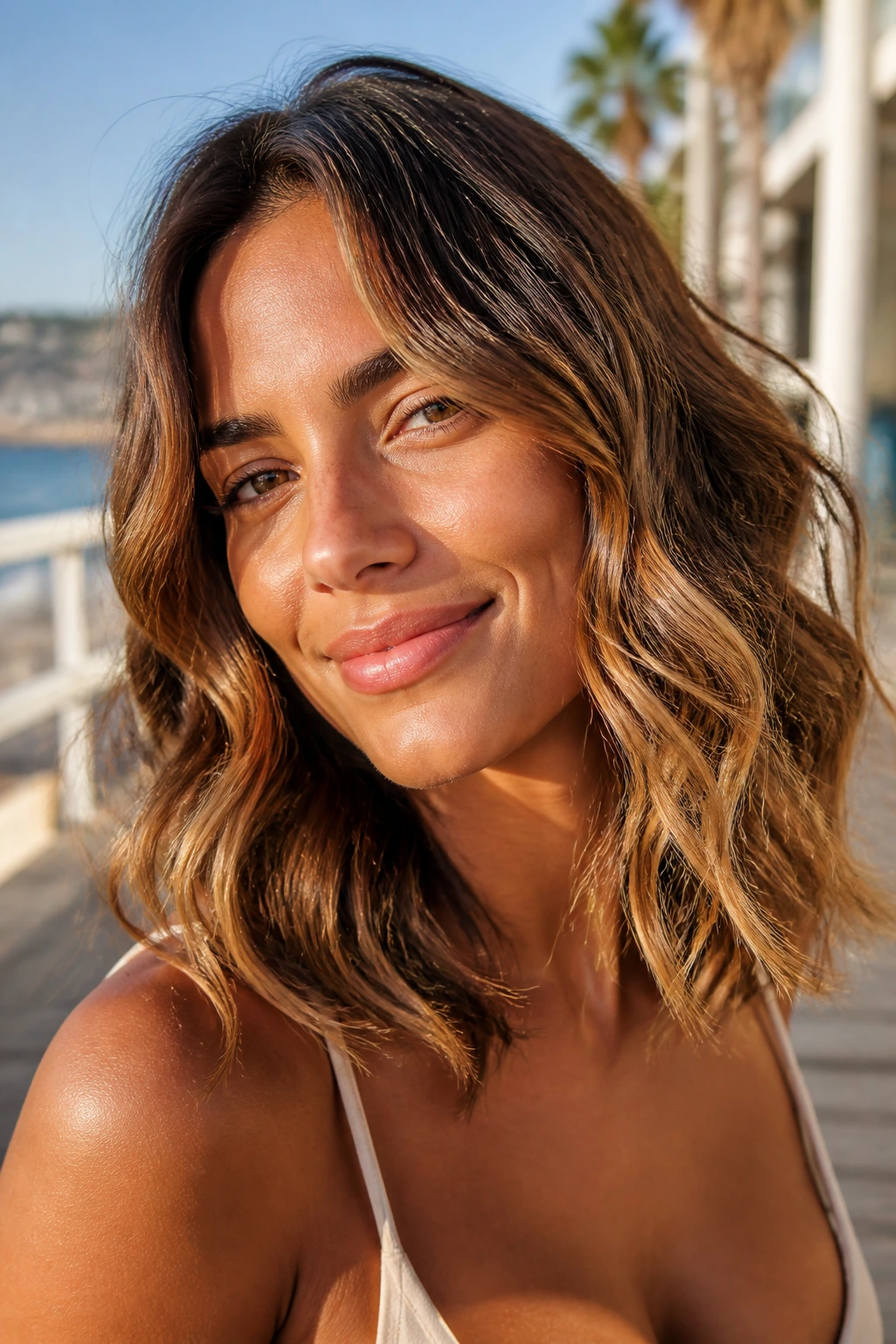 Real woman with beachy mid-length brunette waves and caramel highlights