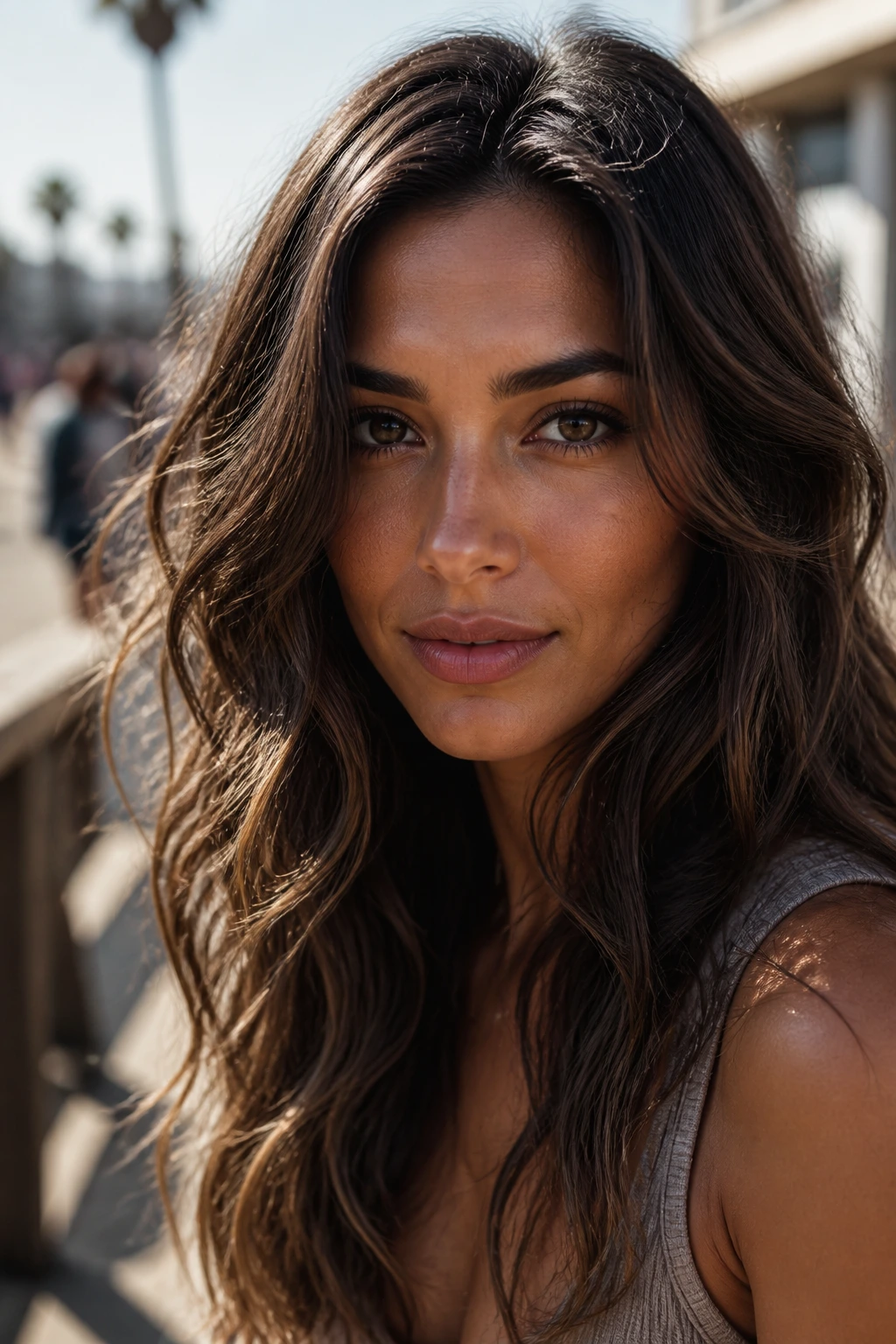 Close-up of a real woman with beachy mink brown waves and olive skin