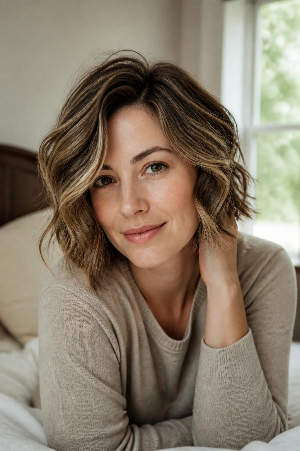 Woman with beachy waves in a softly lit bedroom, ready for a refresh