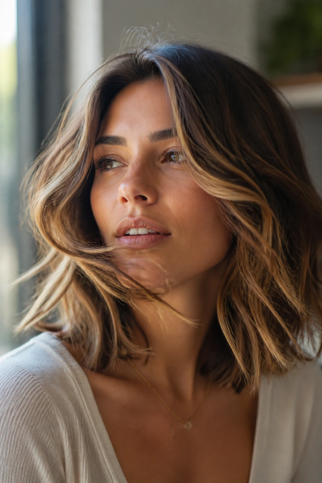 Close-up portrait of a real person with beachy waves and movement