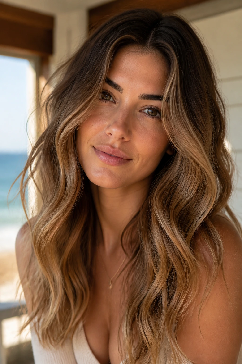 Close-up of beachy waves framing an oval face in warm light