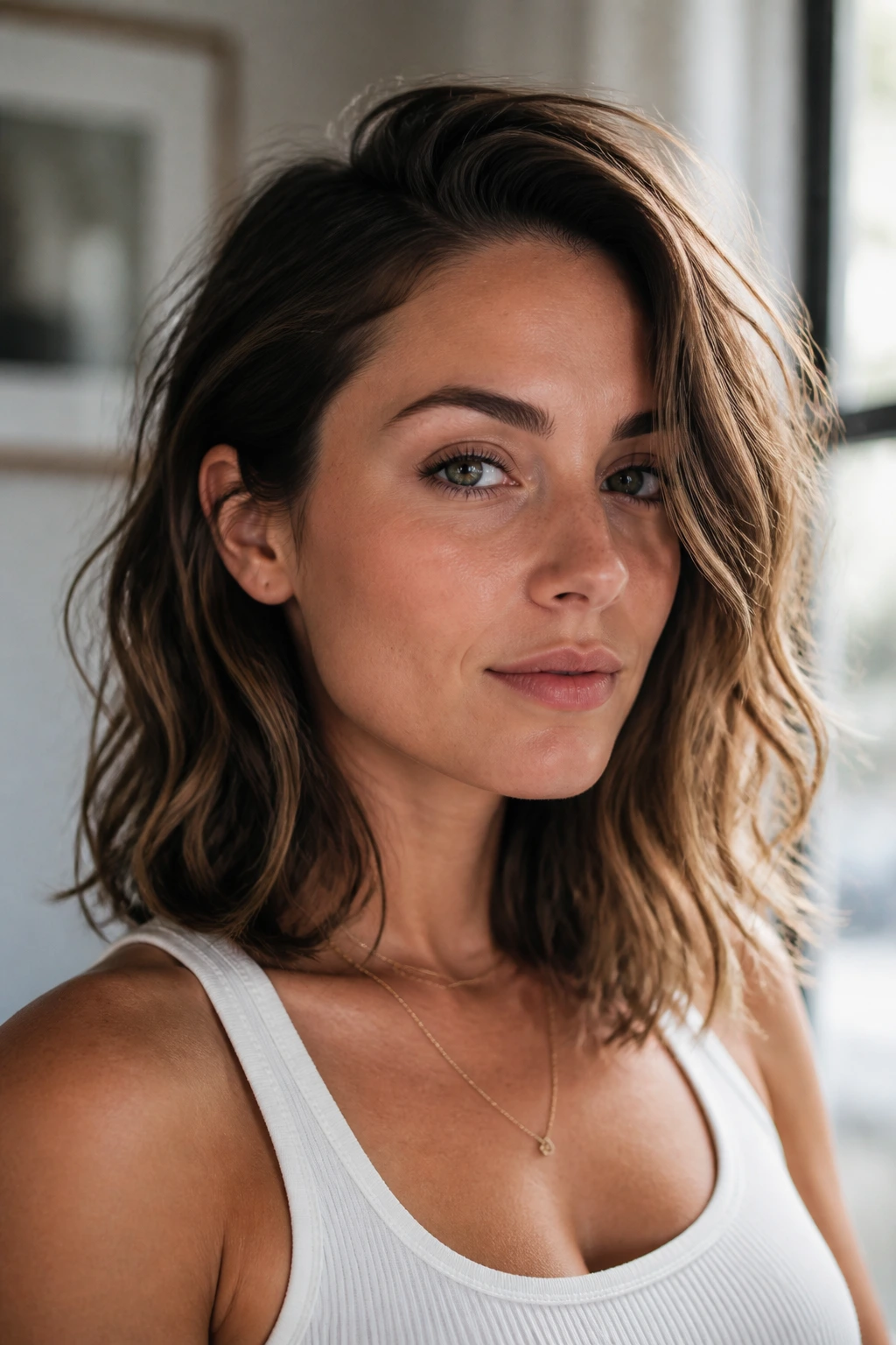 Portrait of a real woman with effortless beachy waves and a delicate part