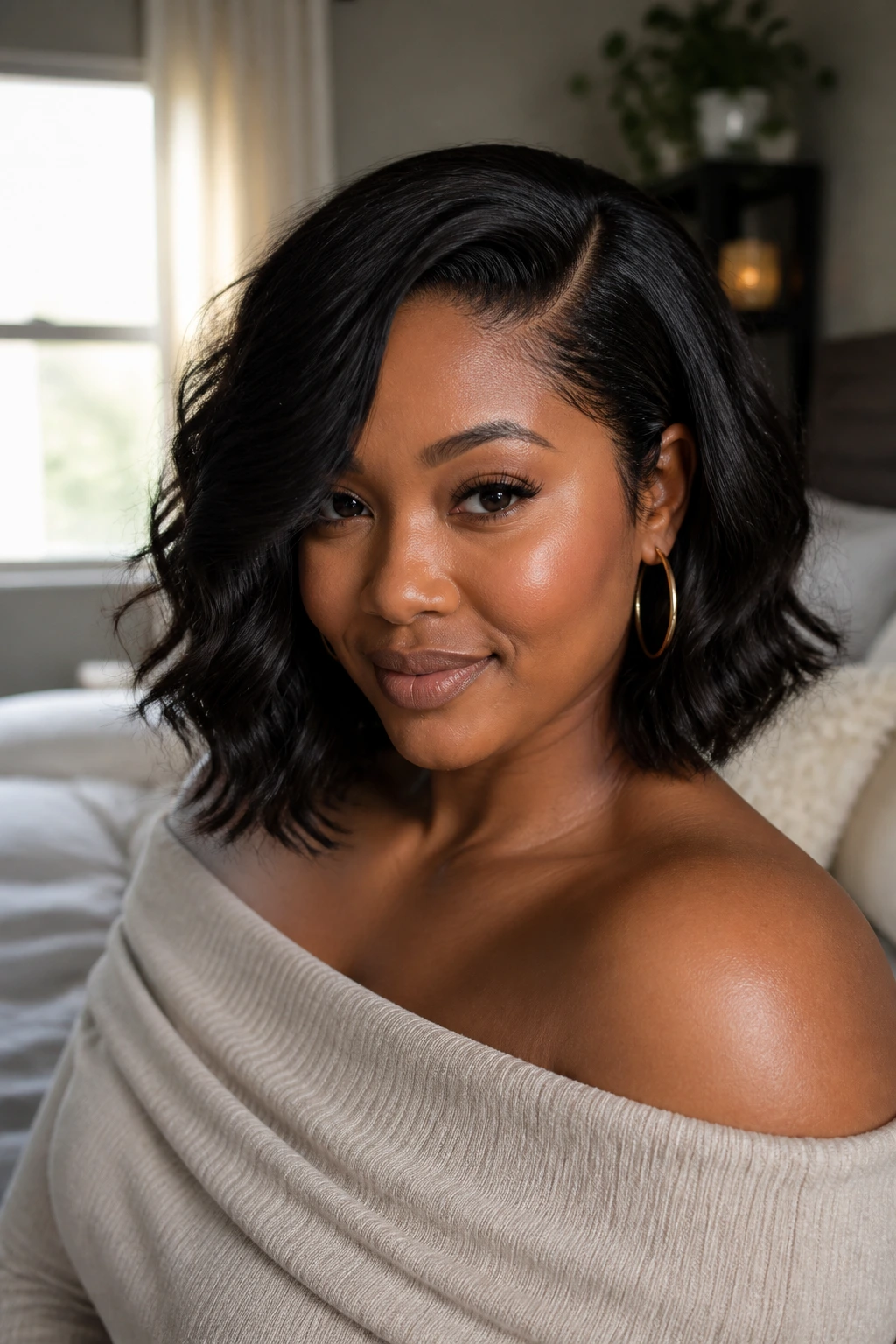 Close-up of a real woman with round face wearing beachy waves and an off-shoulder top with a hoop earring.