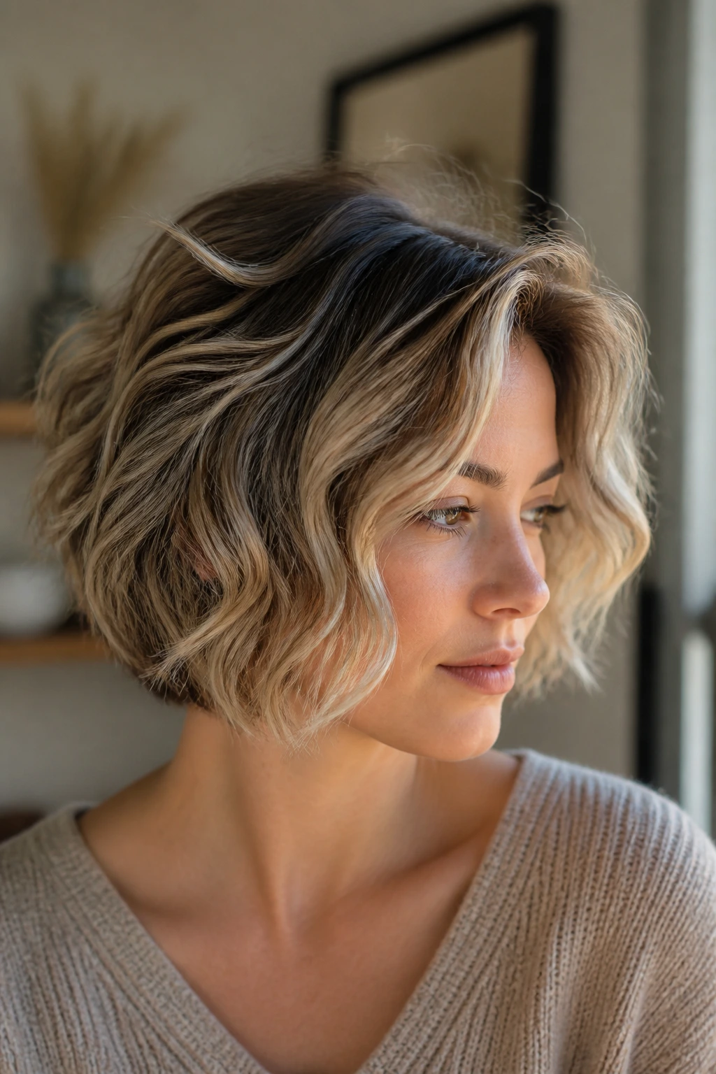 Real person with beachy waves on a stacked bob.