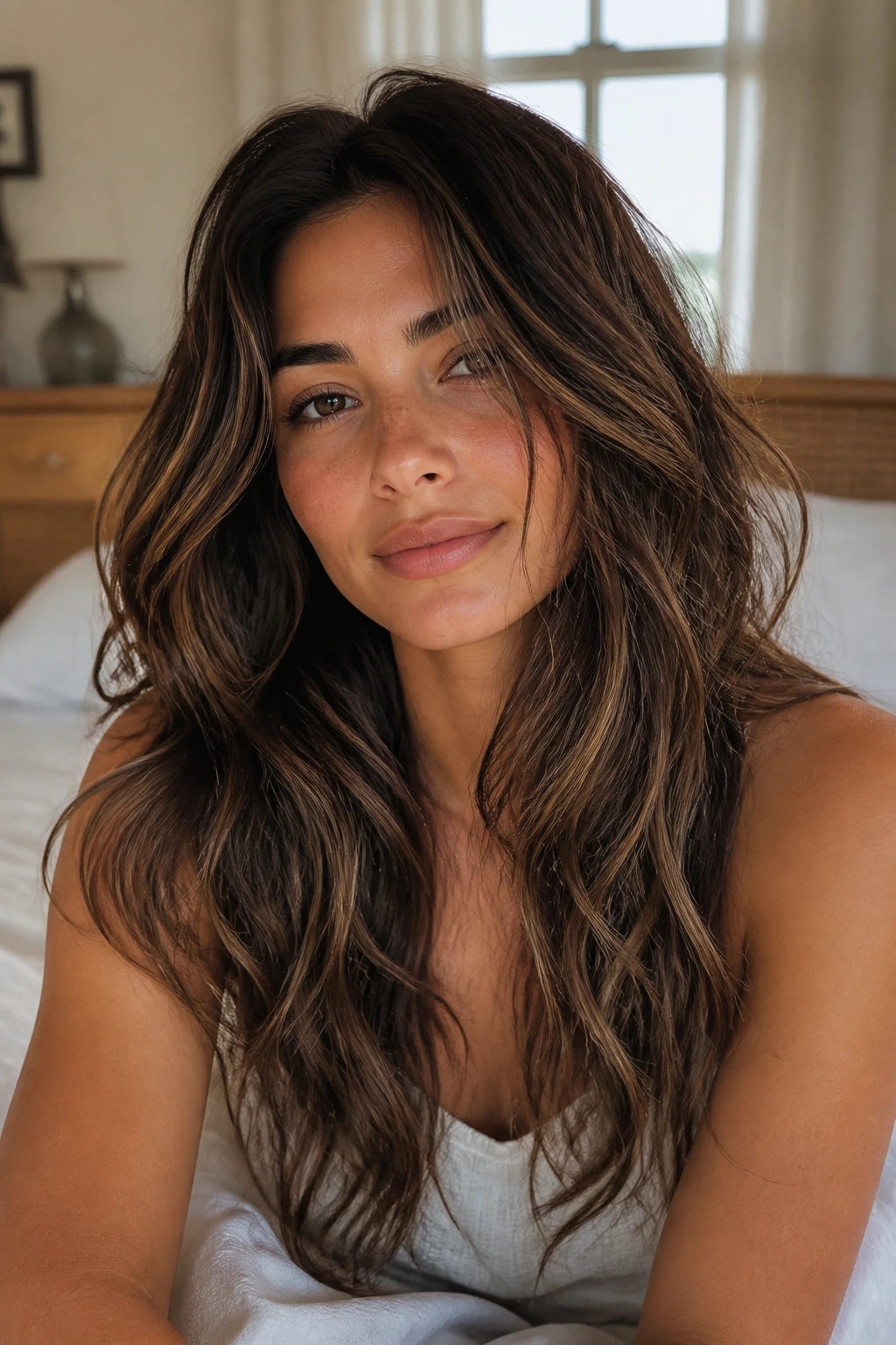 Close-up portrait of a real woman with thick dense hair styled in beachy waves under natural window light