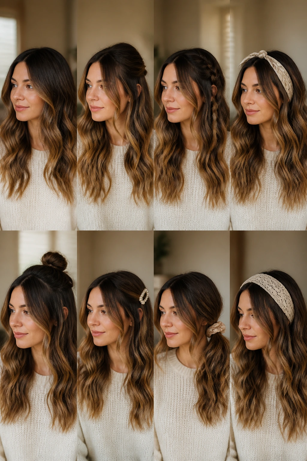Portrait of a real woman with thick straight hair styled in varied beachy waves