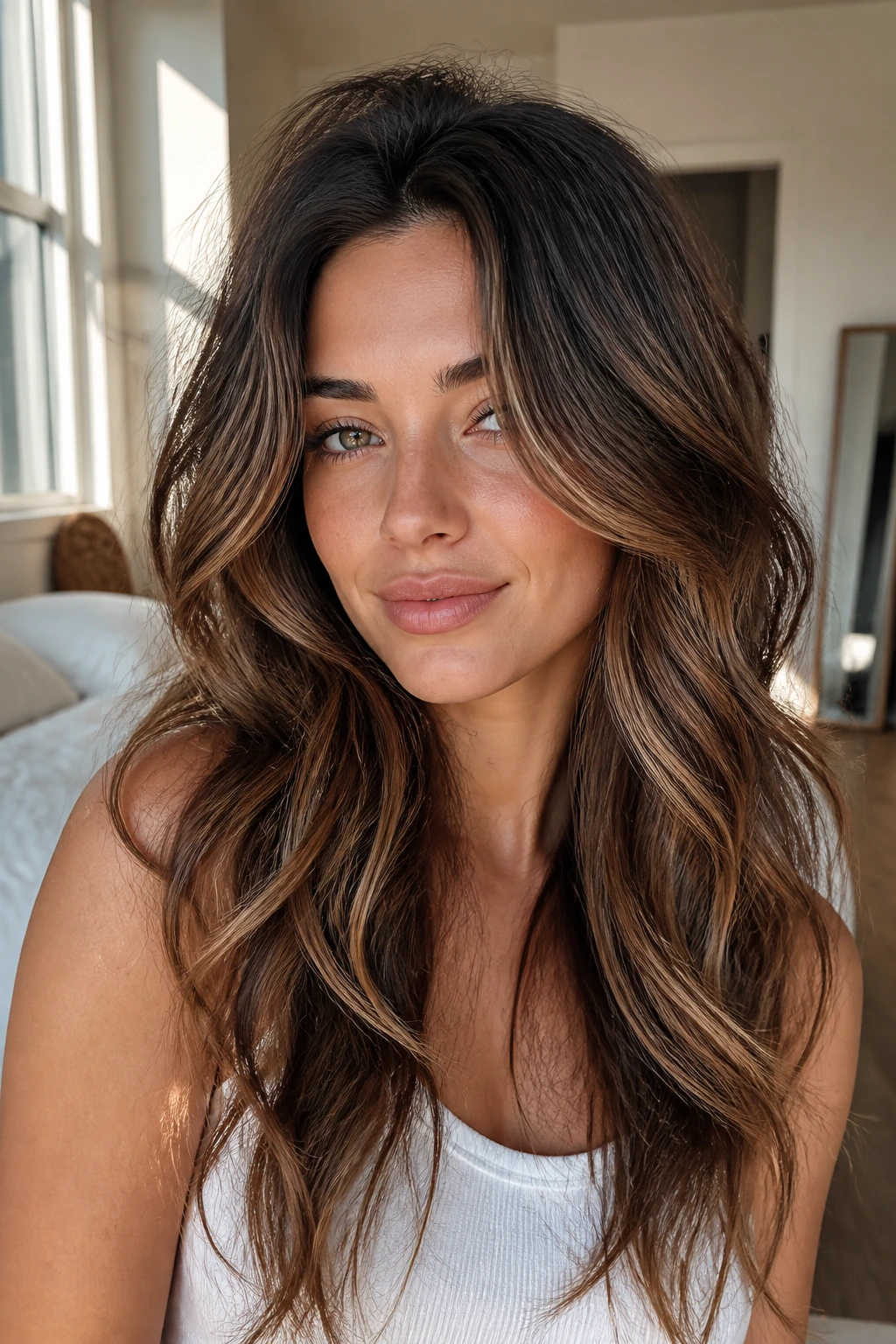 Close-up of a real woman showing variation with lifted crown and soft bends in long layered waves