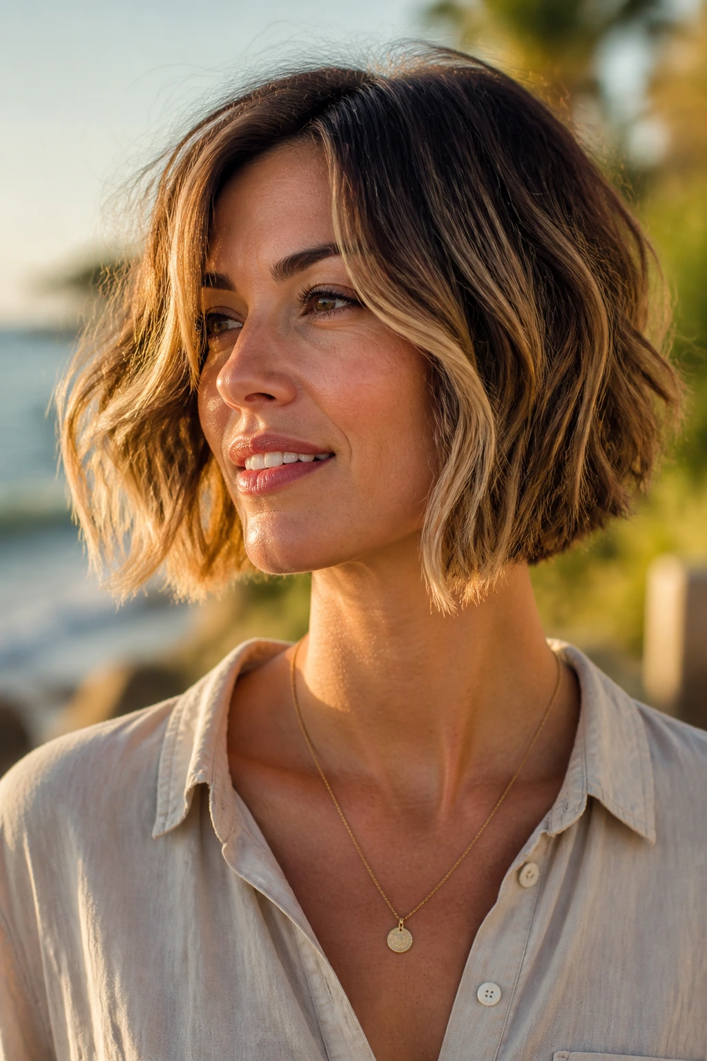 Real woman with beachy wavy inverted bob and toasted caramel highlights outdoors