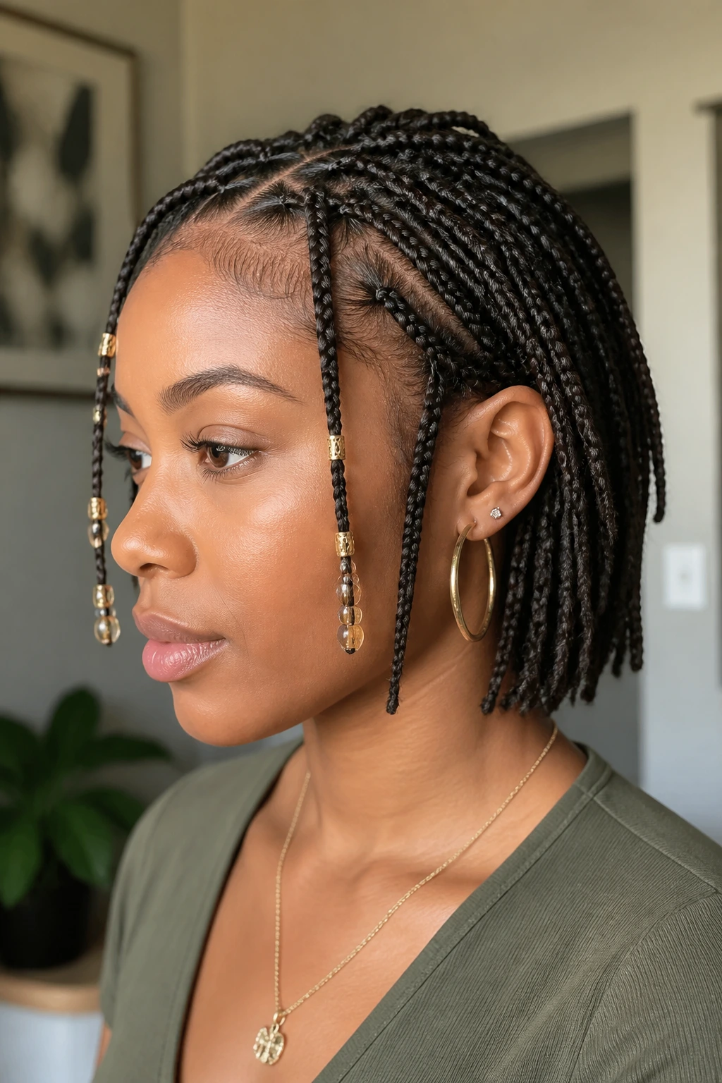 Real person with short braids showing bead accents on front braids