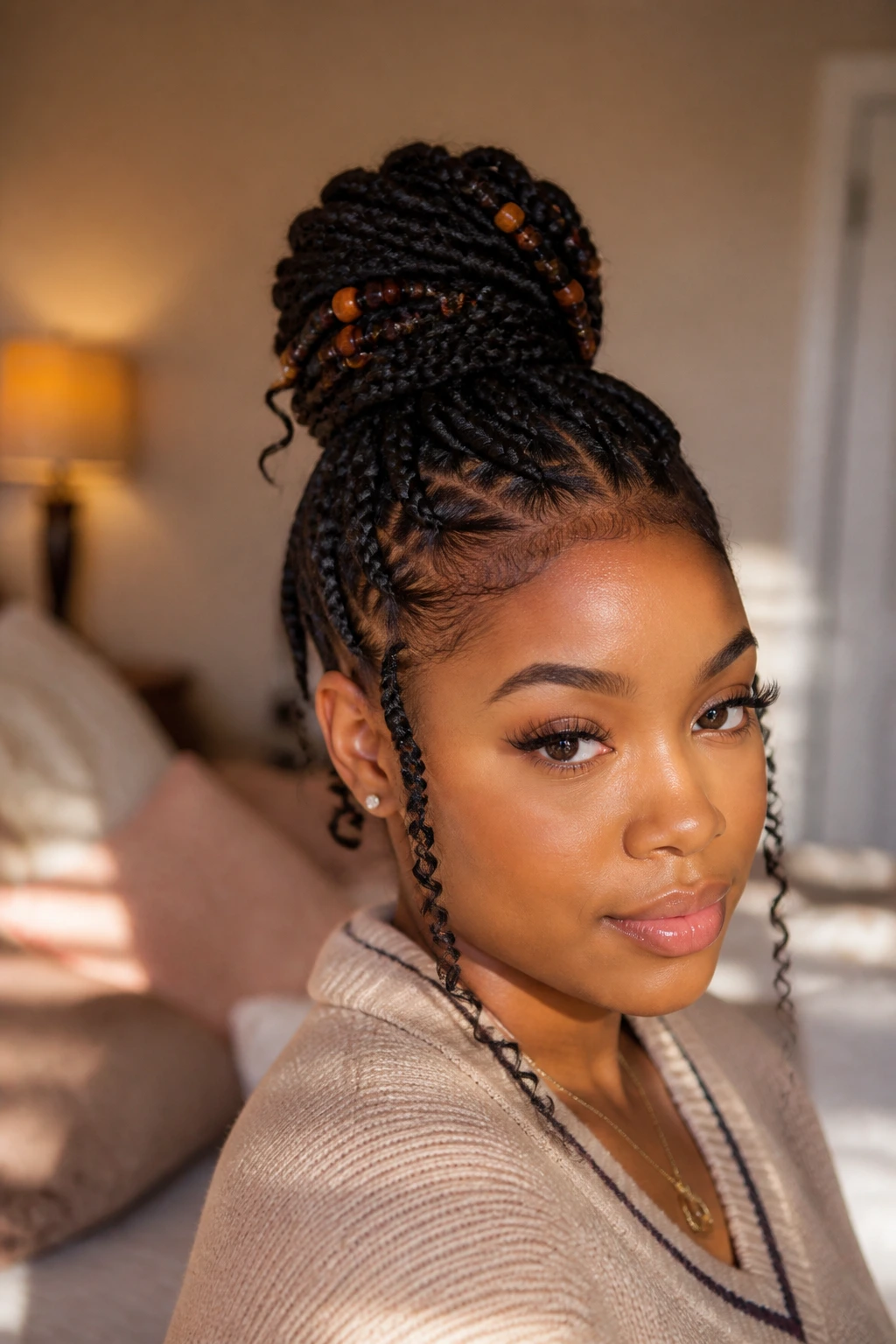 Close-up of a real person with beaded braided bun