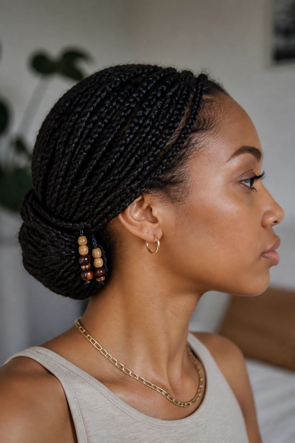 Close-up of beaded braids wrapped at the nape and side with a low knot