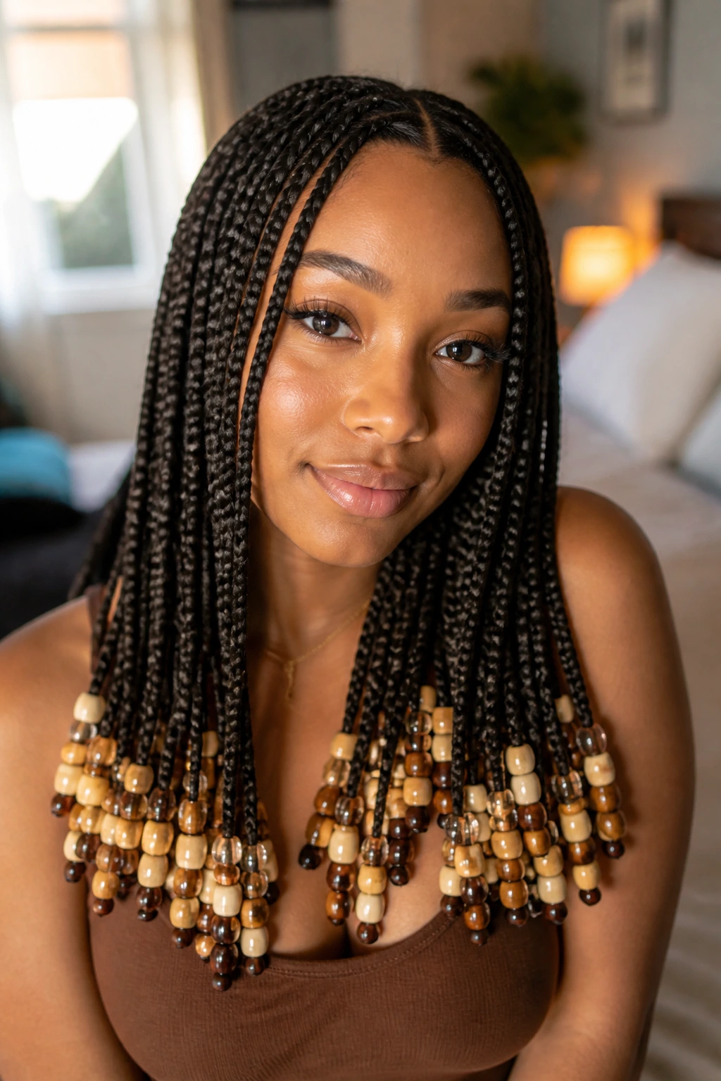Close-up of beaded braids on a real person's head with beads at the ends