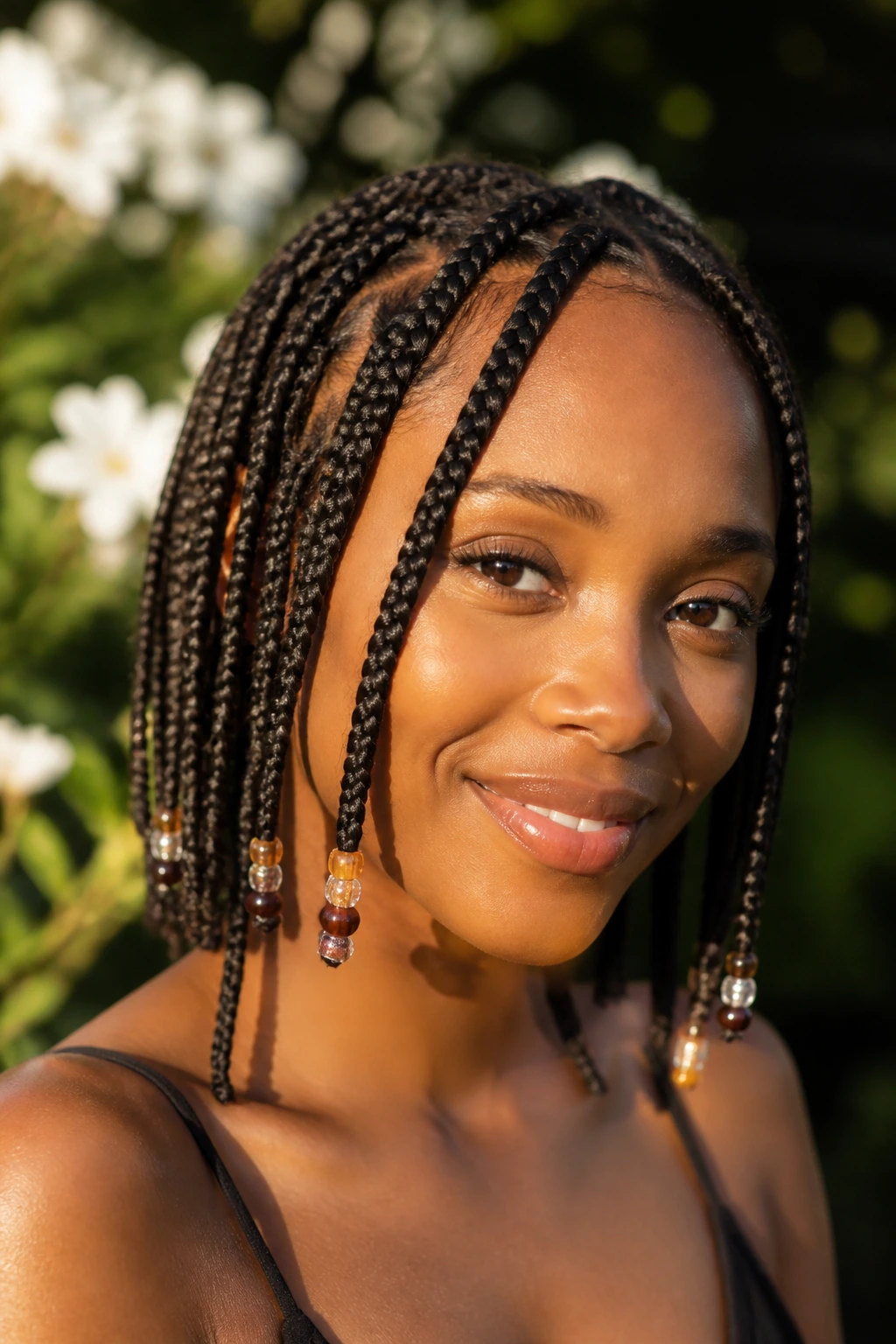 Close-up of a real person with beaded braids in a sunlit garden
