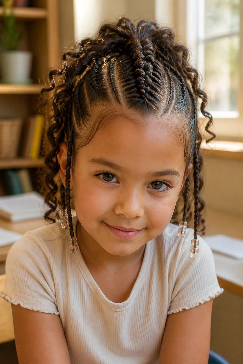 Close-up of a real child with a center braid and small beads at the ends.