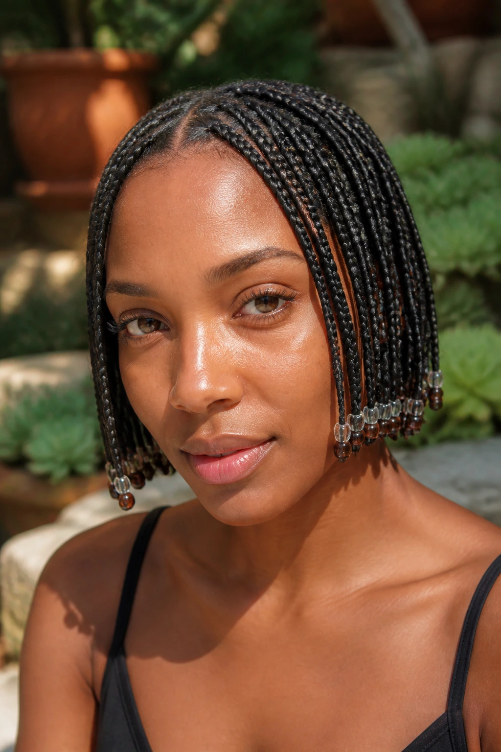 Close-up of real woman with beaded-end braids on short length
