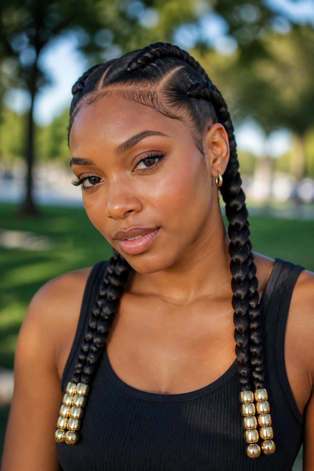 Real woman with beaded-end double Dutch braids in natural daylight