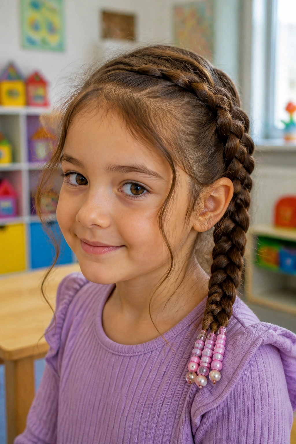 Child with beaded-end French weave and beads at braid tips
