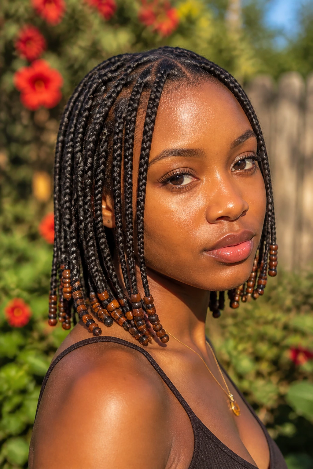 Close-up of beaded ends on braids over a real person's head