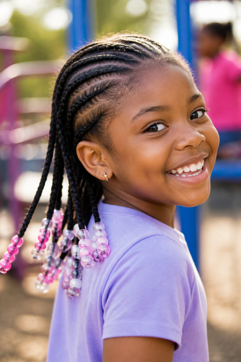 Close-up of a child with beaded feed-in cornrows and beads at the ends outdoors.