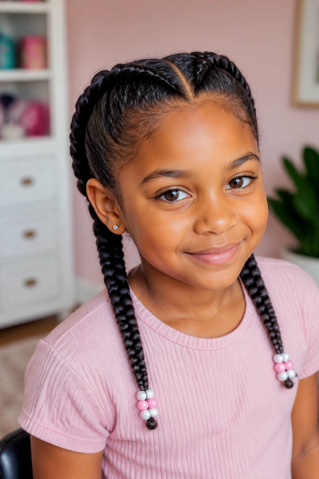 Real child with a beaded fishtail braid at the ends, in bright room