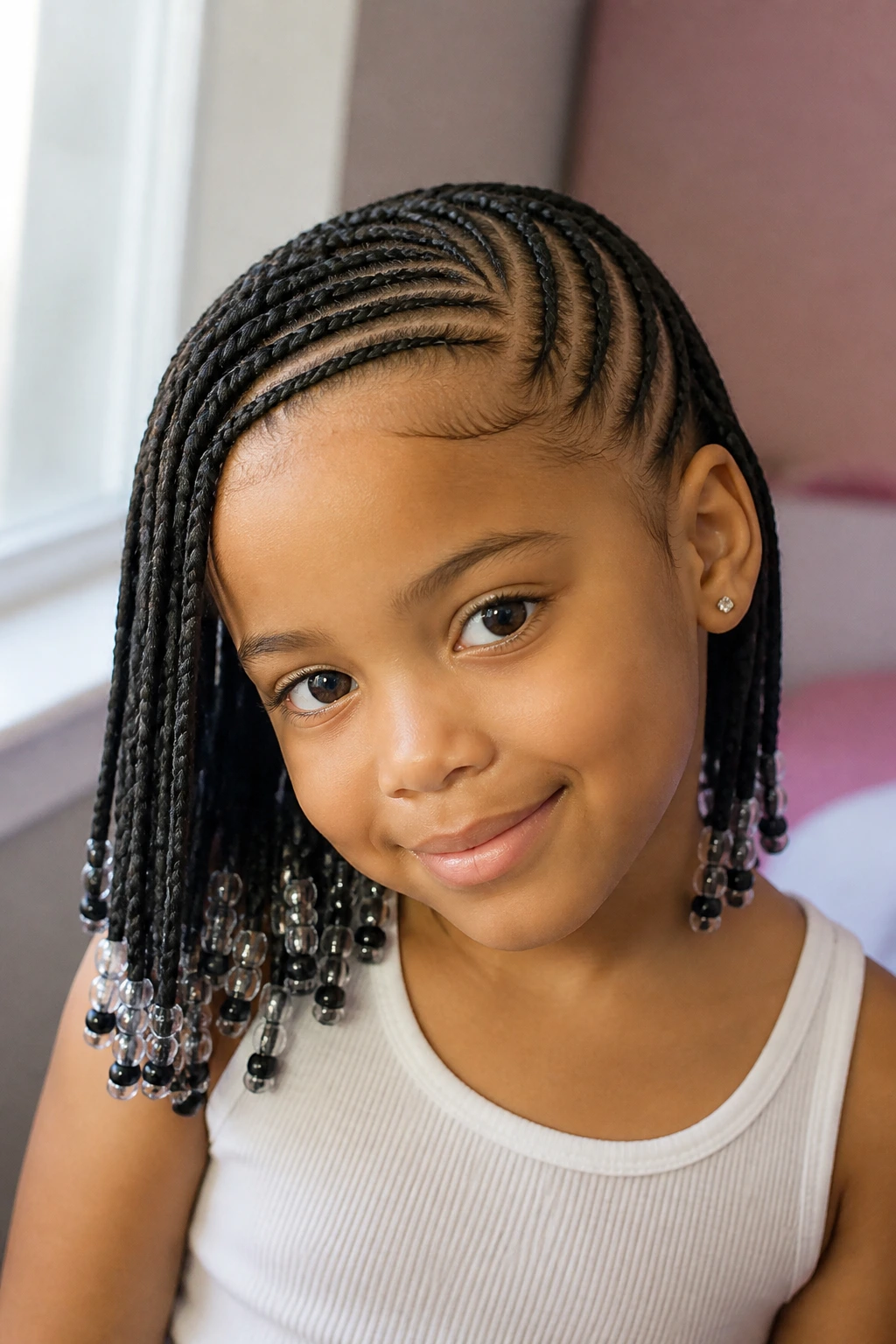 Girl with side-swept half cornrows and beads at ends