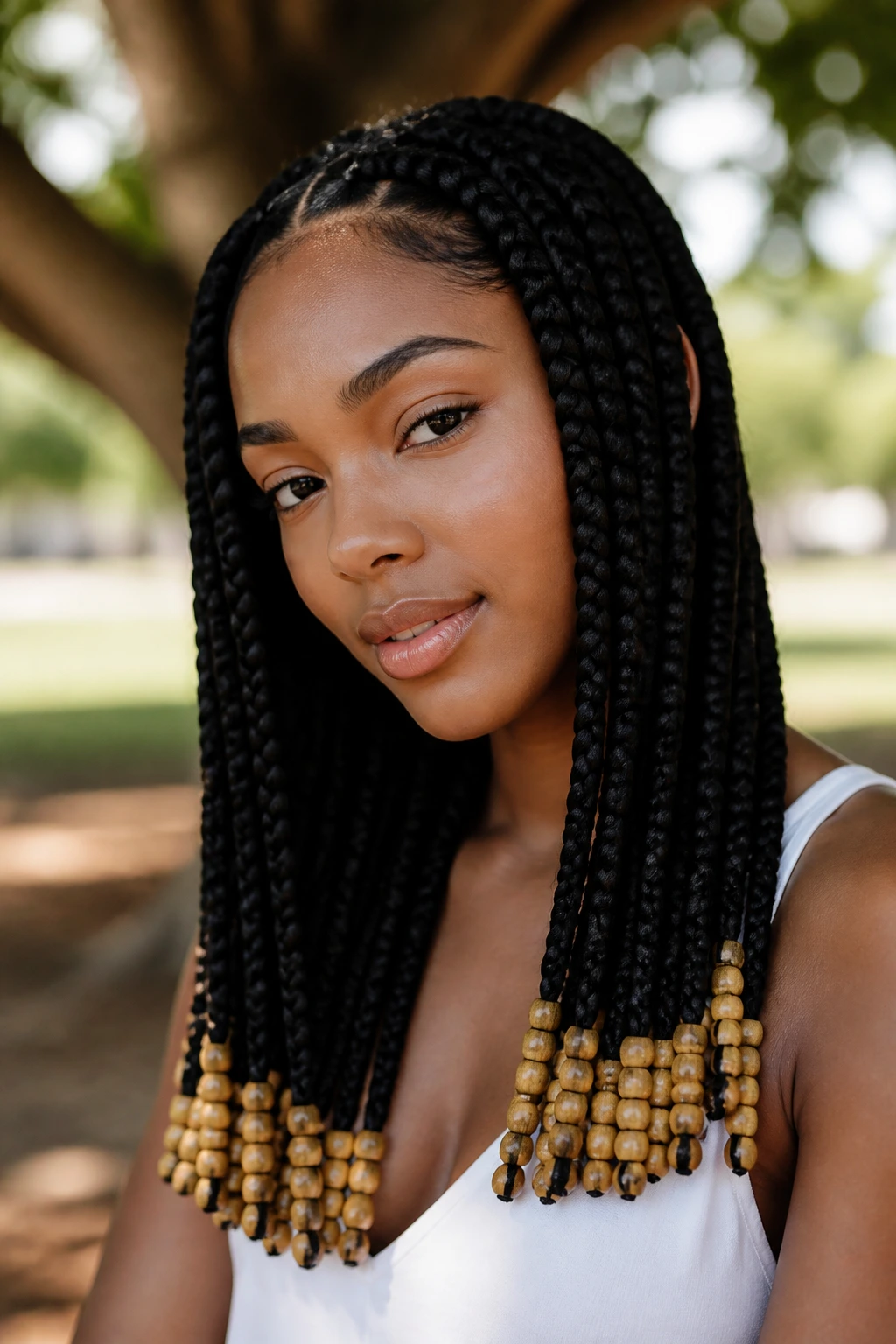 Close-up of a real woman's beaded jumbo braids focused on beads along the lower half