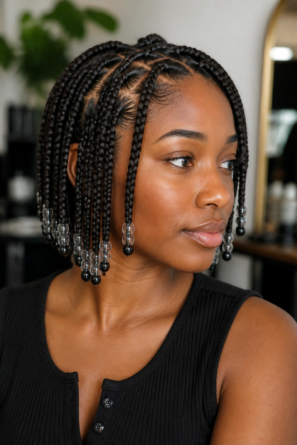 Close-up portrait of a real person wearing beaded knotless braids with beads at ends