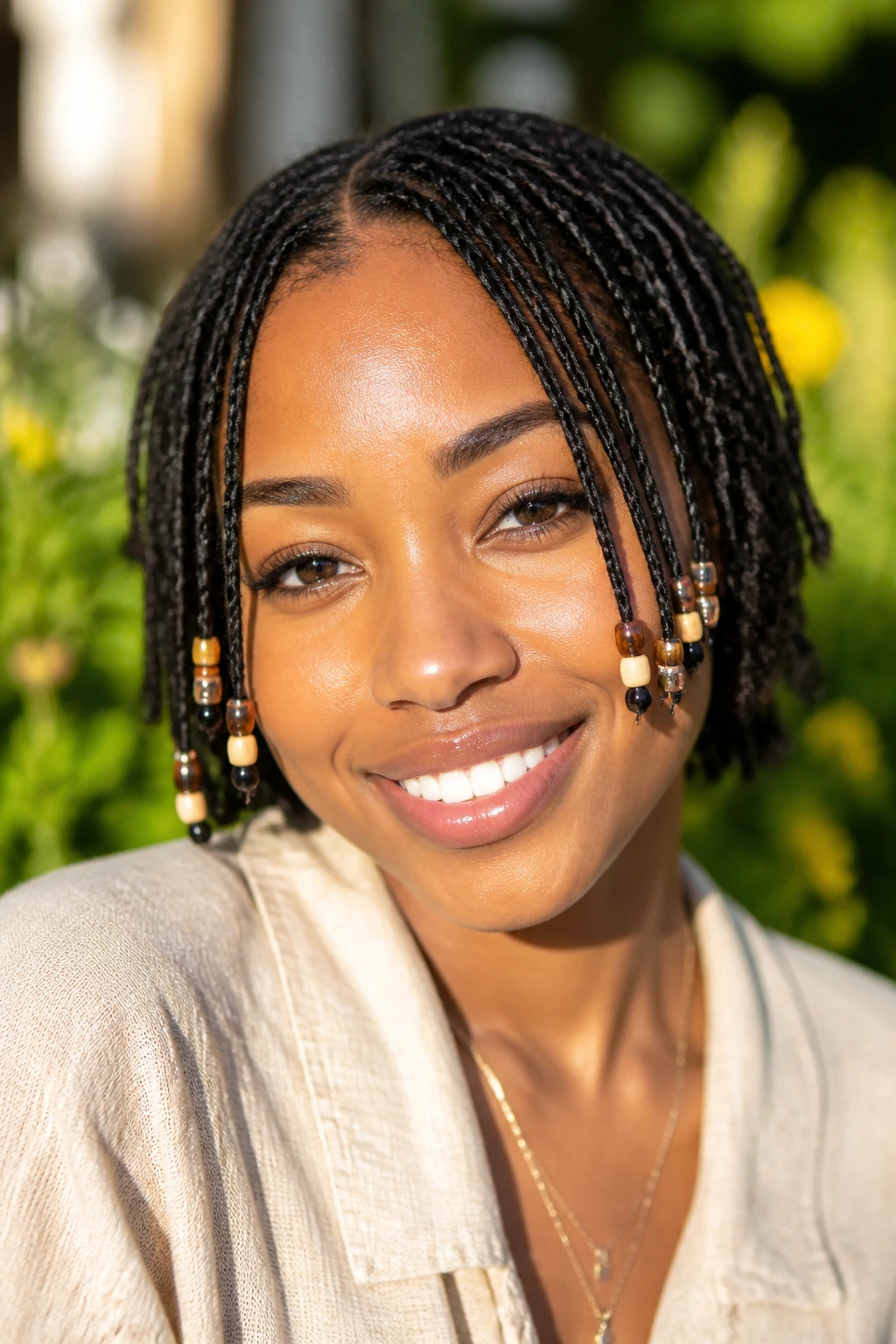 Close-up of a real woman with beaded micro twists
