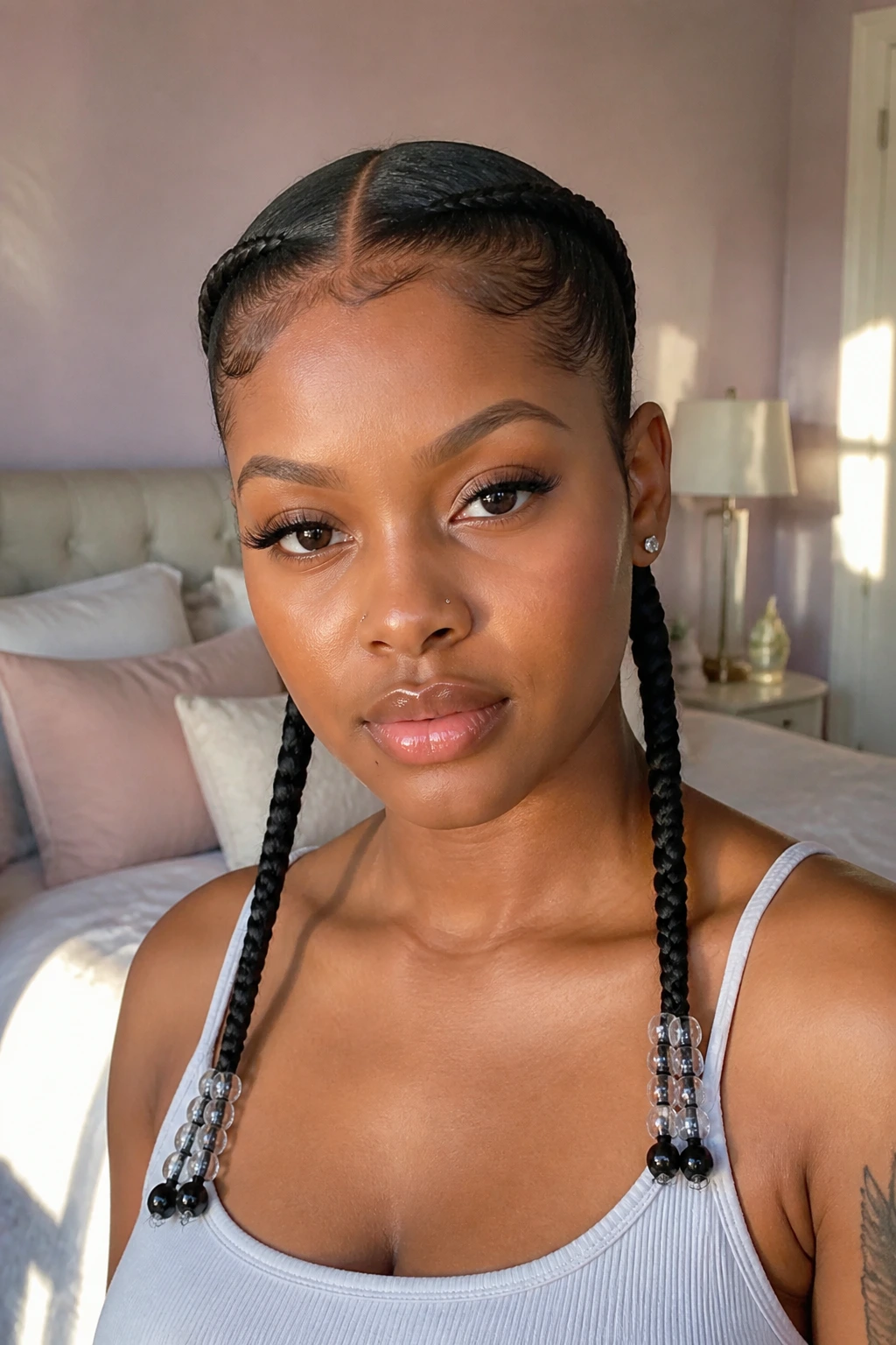 Close-up of a real woman with beaded pigtail braids in a bedroom