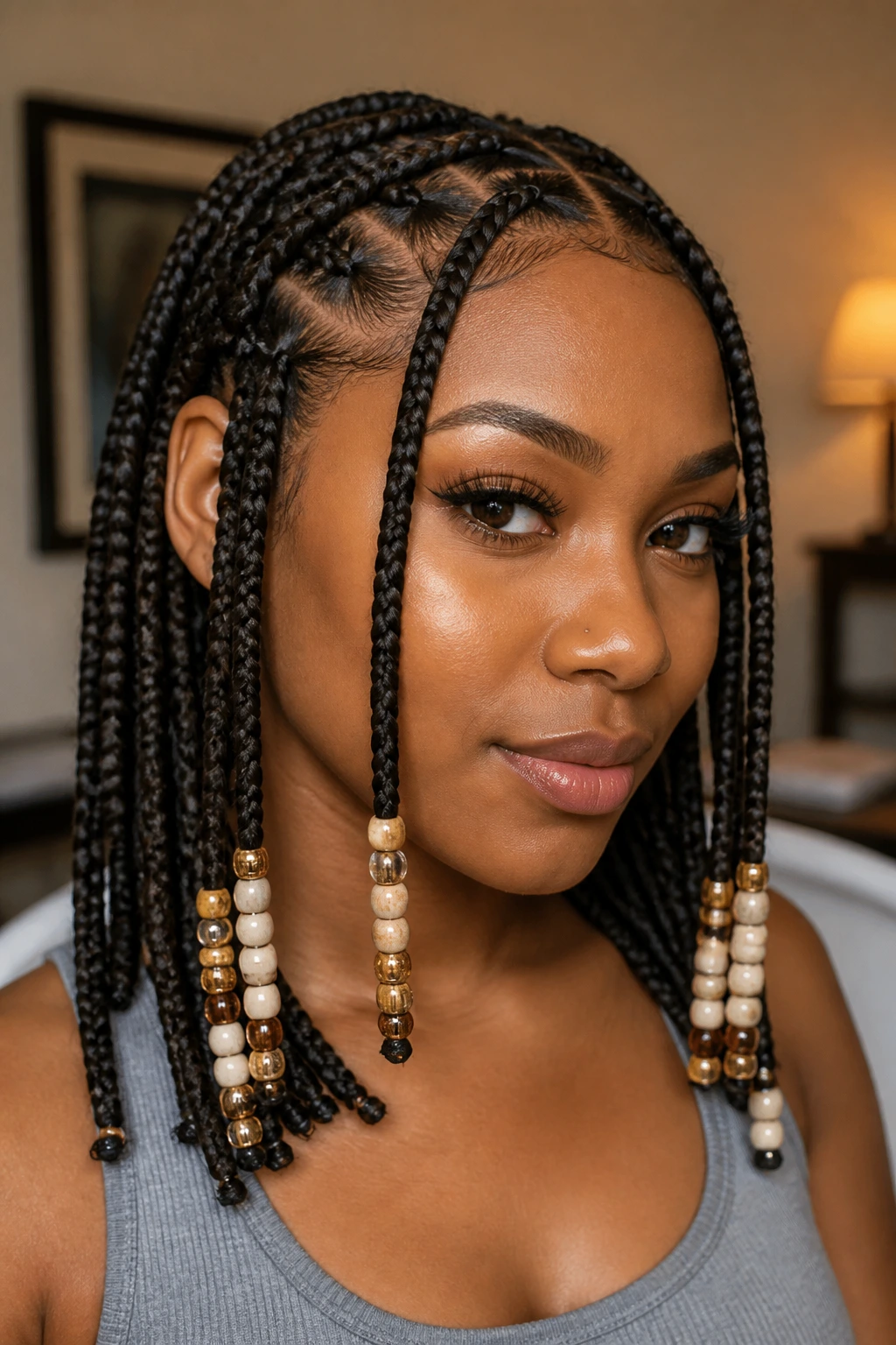 Close-up of a real woman with beaded singles on braids in a cozy interior