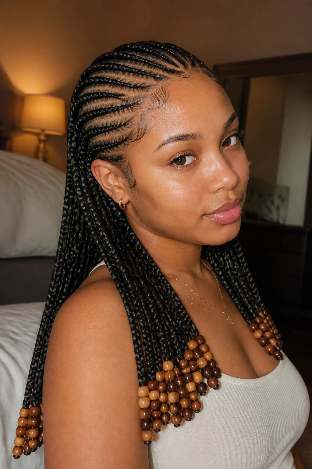 Close-up of a real woman with beads at the ends of straight-back cornrows
