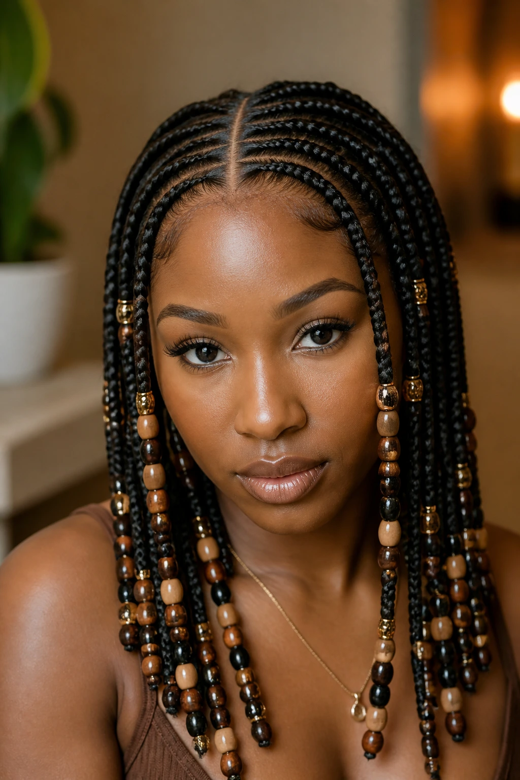 Real woman with beaded tribal braids and a center strip in warm indoor light