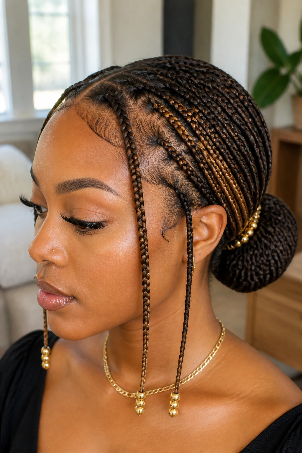 Real woman with beaded nape bun and golden beads at front and base