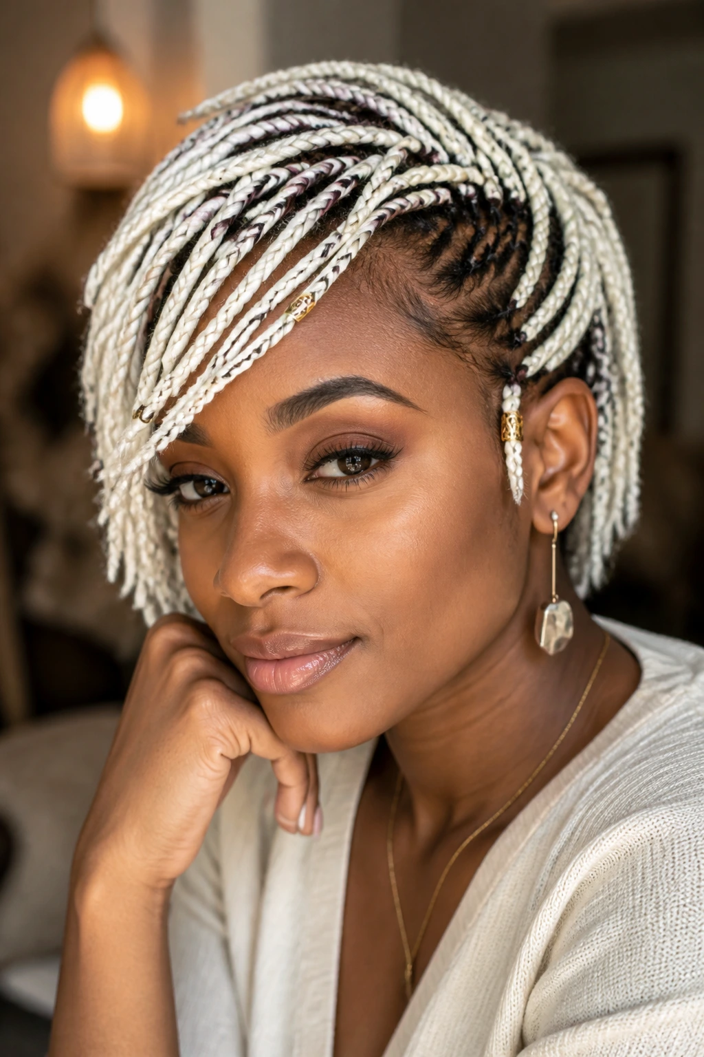 Close-up of white braids with a small bead accent near the face on a real person