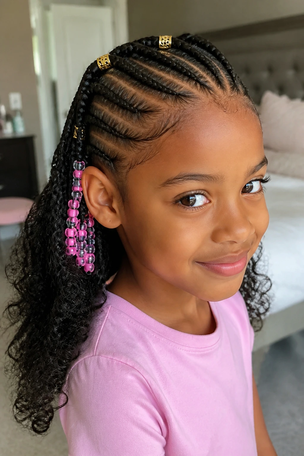 Close-up portrait of a real girl with half cornrows and beads and cuffs