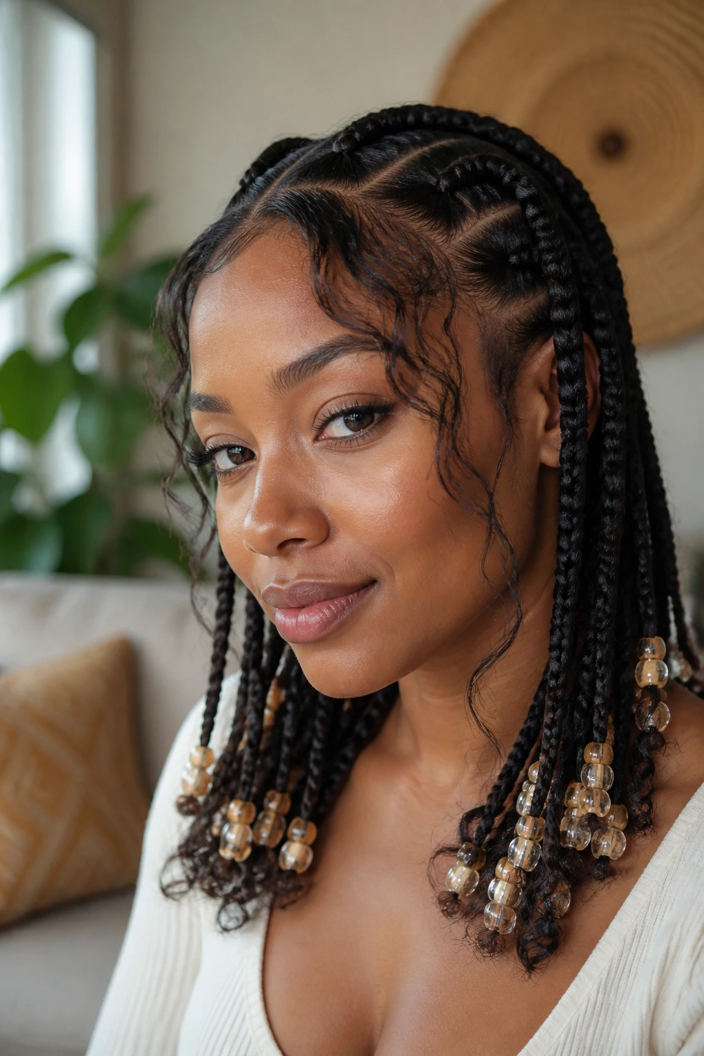 Close-up of a real woman with Dutch braids featuring beads at the ends and soft layered ends